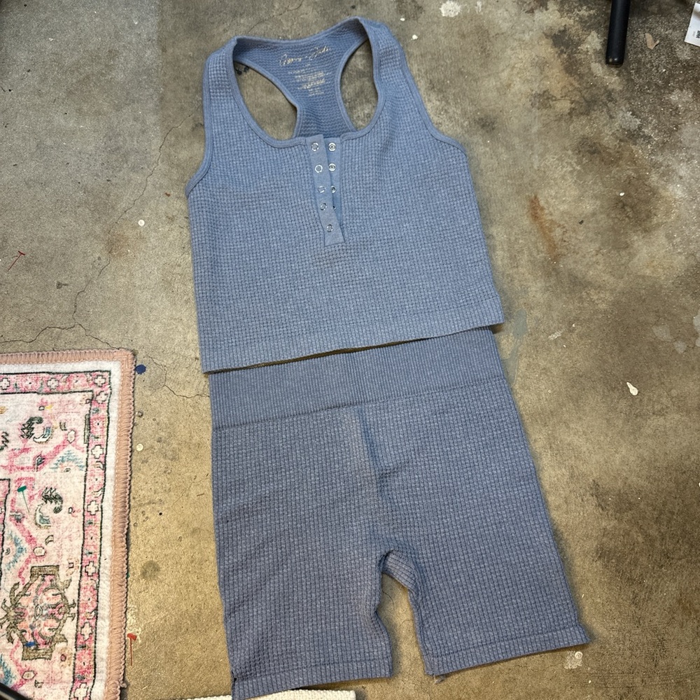 Blue Ribbed Tank and Shorts Set